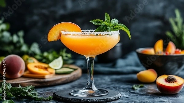 Obraz Peach cocktail in a martini glass garnished with fresh mint and peach slice