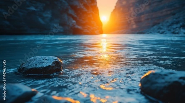 Fototapeta River Landscape at Sunset Between Cliffs