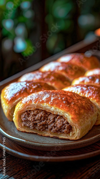 Obraz Pirozhki soft golden baked pastries with a juicy meat filling