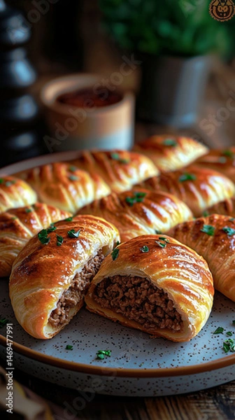 Obraz Pirozhki soft golden baked pastries with a juicy meat filling