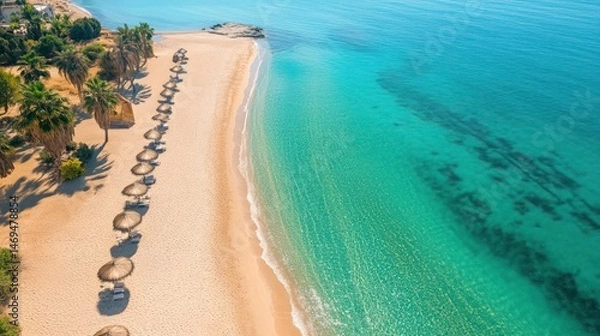 Fototapeta Tropical Beach with Palm Trees and Clear Water Aerial View