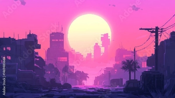 Obraz Cyberpunk sunset city ruins, palm trees, dystopian background, game art