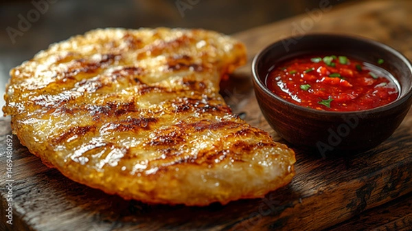 Obraz Belyash resting on a rustic wooden board beside a small bowl of dipping sauce