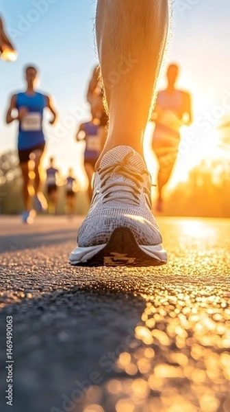 Fototapeta Runner's perspective at sunset during a race.  Focus on shoe, others blurred