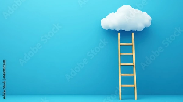 Fototapeta Wooden ladder reaching fluffy white cloud, blue background. Concept of dreams, goals, success, ambition. Generative AI