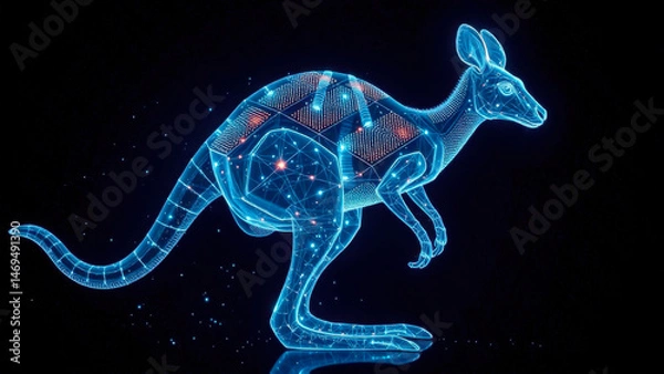 Fototapeta A digital blue kangaroo made up of flowing data streams and neural networks, with glowing matrix patterns all over its body on a black background.