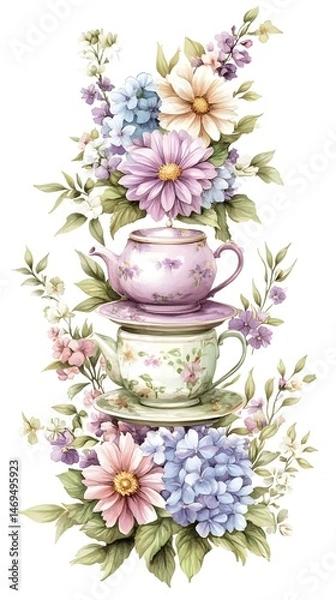 Obraz A delicate stack of teacups and teapot adorned with a vibrant bouquet of pastel flowers