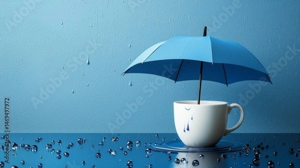 Obraz A melancholic atmosphere depicted on a Blue Monday with umbrellas and raindrops.