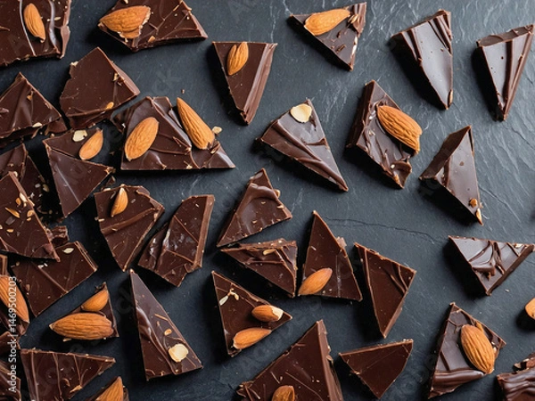 Fototapeta Thin shards of chocolate almond bark broken and arranged on a slate board.