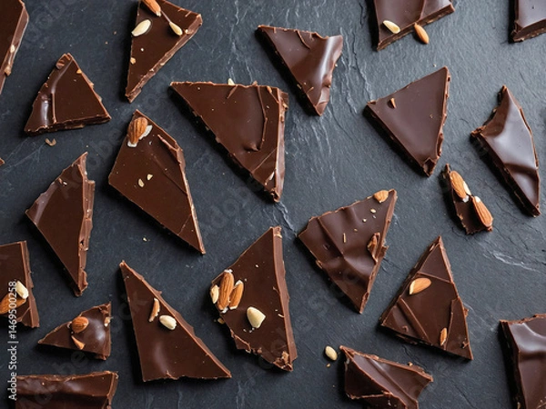 Fototapeta Thin shards of chocolate almond bark broken and arranged on a slate board.