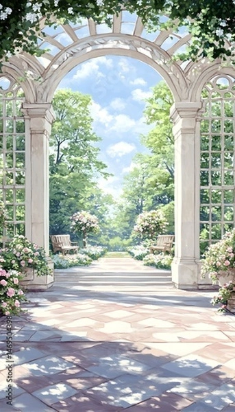 Fototapeta A white stone archway leads to a lush garden, with blooming pink roses, benches, and a clear blue sky