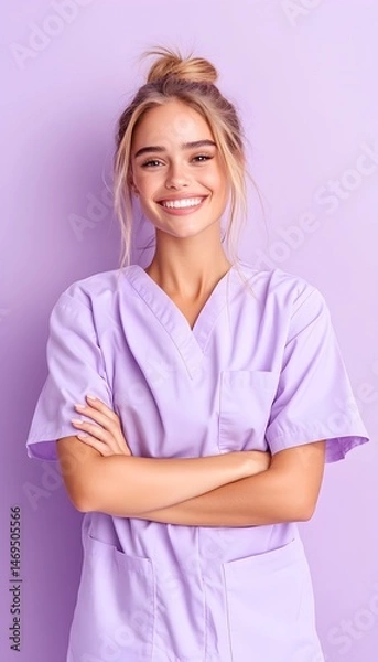 Obraz A young woman with blonde hair and a warm smile stands against a light purple background, wearing a light purple scrub top with her arms crossed in front of her