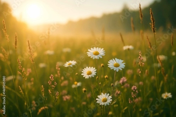 Fototapeta Sunlit wildflower meadow with blooming daisies and grasses glowing in golden morning light. Peaceful nature landscape, perfect for spring or summer themes.