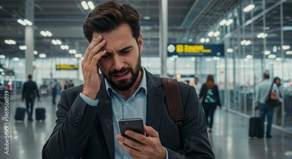Fototapeta Worried Man Checking Smartphone at Airport - A man in a suit looks worried while checking his smartphone at an airport terminal. He appears stressed and concerned