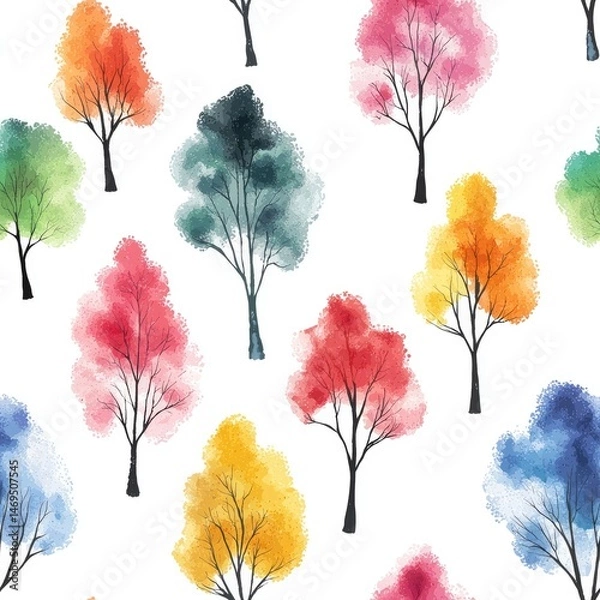 Fototapeta Colorful watercolor trees seamless pattern creating a vibrant forest design
