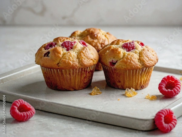 Fototapeta golden raspberry muffins on a tray