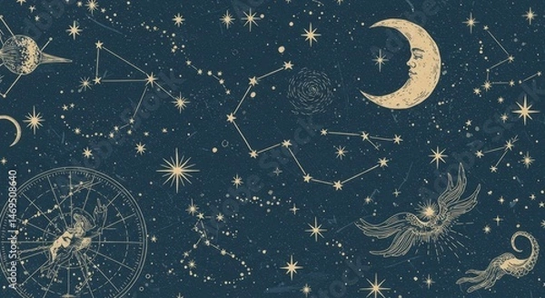 Fototapeta Celestial Sketches: Starry Night Constellations - Mystical celestial art, symbolizing dreams, destiny, exploration, wonder, and cosmic mysteries. Elegant sketched constellations and moon