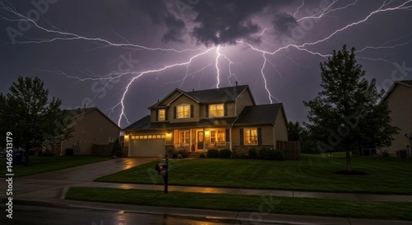 Fototapeta House Illuminated by Lightning Storm - A suburban house is dramatically lit by a powerful lightning storm at night. The scene is both beautiful and slightly ominous