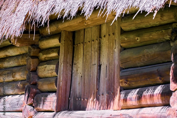 Fototapeta  image shows a fragment of a wall with logs a booth with wooden doors under a straw tree