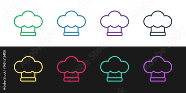 Fototapeta Set line Chef hat icon isolated on black and white background. Cooking symbol. Cooks hat. Vector