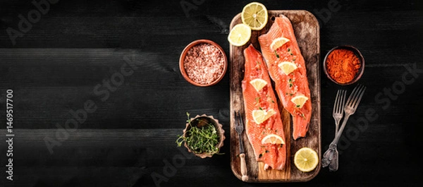 Fototapeta raw trout fillet red fish with lemon and spices ready for cooking