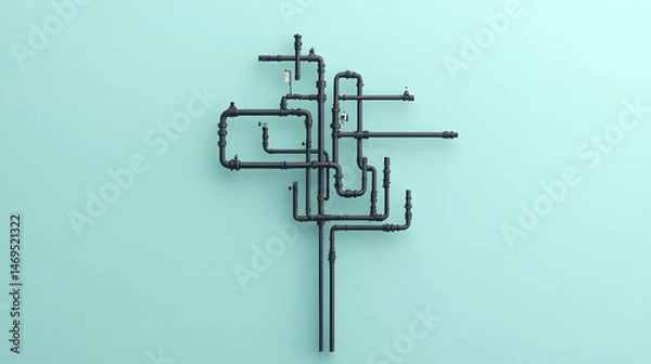 Obraz Complex network of black industrial water pipes mounted on light blue wall, showing various joints, valves, and connectors in organized pattern