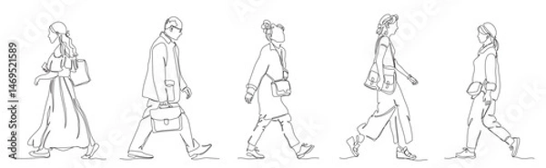 Fototapeta People walking set. Side view. Continuous line drawing elements. Black and white vector illustration in line art style.