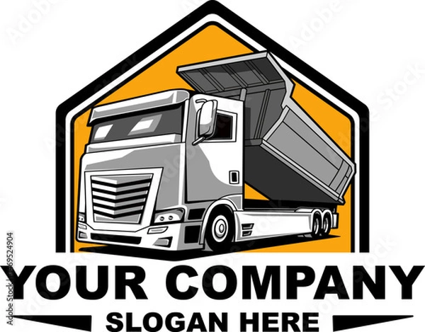 Obraz Dump truck logo design template. Dump truck unloading illustration concept.