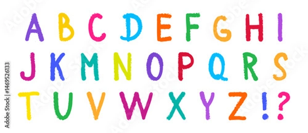 Fototapeta Alphabet font crayon, kid letter colorful chalk, child pencil typography, cute pastel type doodle, school scribble hand draw, cartoon abc sketch, fun English text sign set. Playful vector illustration