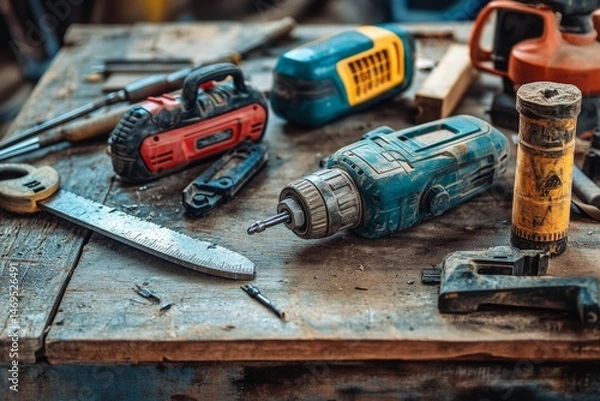 Fototapeta Assorted work tools on a weathered workbench
