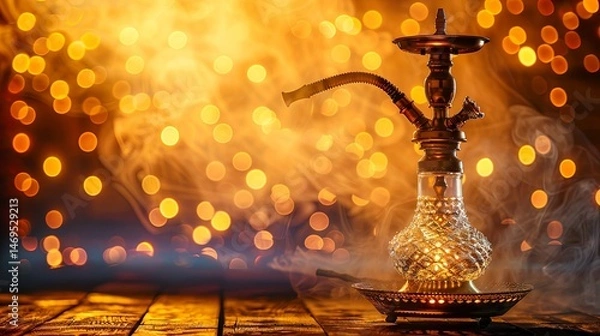 Fototapeta Turkish hookah on beautiful abstract golden background with bokeh. Copy space. Hookah product branding concept.
