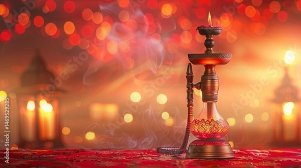 Fototapeta 
Turkish hookah on beautiful abstract red background with bokeh. Copy space. Hookah product branding concept.