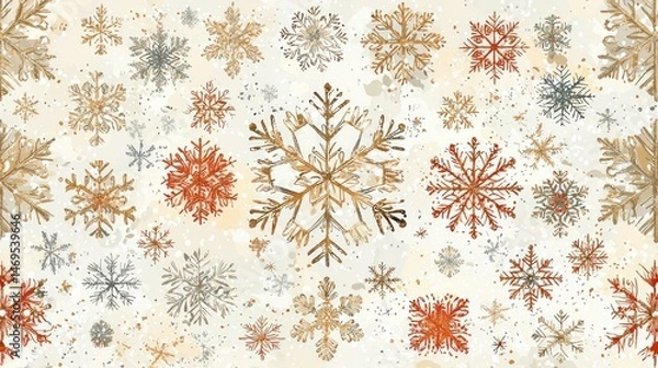 Fototapeta Winter snowflake pattern.  A festive and textured backdrop featuring many various shapes and sizes of snowflakes in warm, muted tones