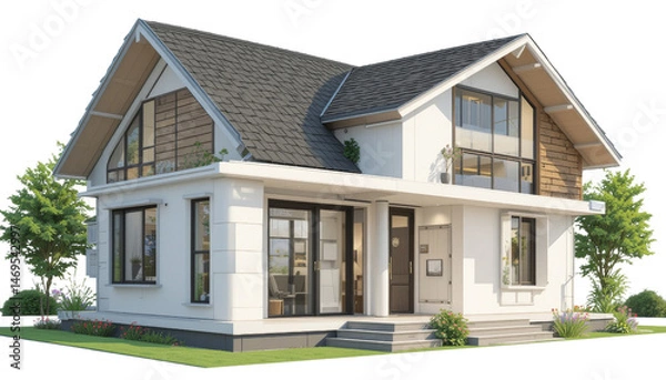 Obraz Modern two-story house design suburban area 3d render residential environment front view architectural elegance for contemporary living