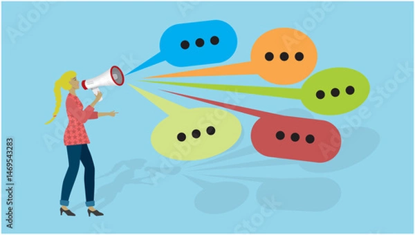 Obraz Woman trying to shout out all her messages. Megaphone and speech bubbles. Dimension 16:9. Vector illustration.