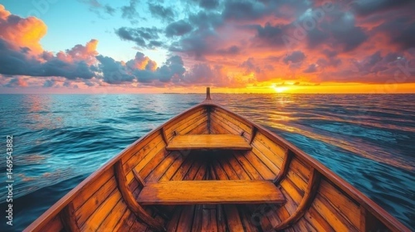 Fototapeta Sunset view from wooden boat on tranquil ocean with vibrant skies