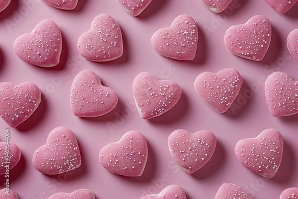 Fototapeta Pink heart-shaped valentine cookies with sprinkles on pink background