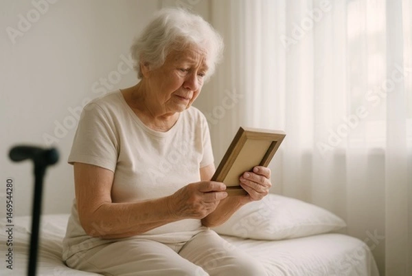 Fototapeta Elderly Caucasian woman reflecting on memories while holding photo frame in bedroom