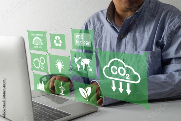 Obraz Green technology and eco-friendly concept with digital interface showing icons of zero emissions, CO2 reduction, recycling, renewable energy, and sustainable ecology for environmental awareness.