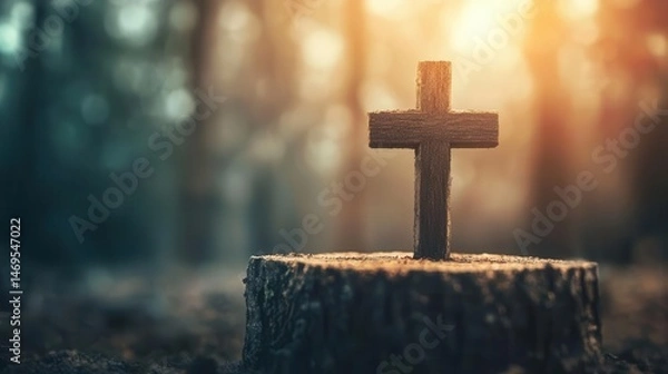 Fototapeta Cross made of barkcovered wood, floating in spiritual golden mist, deep sacred tone
