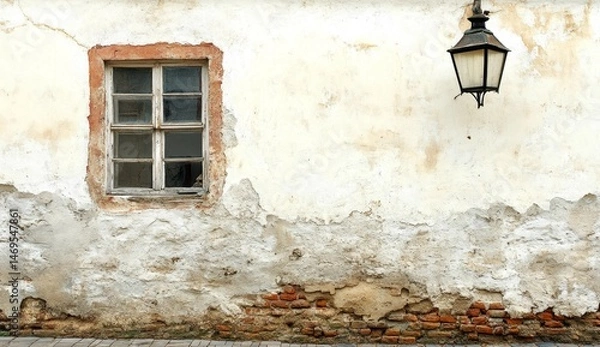 Fototapeta Aged building facade with window and lantern