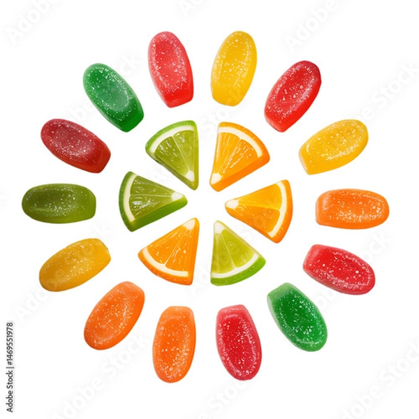 Obraz Colorful Circular Gummy Candy Arrangement on White Background – High-Resolution Fruity Candy Pattern for Creative Projects