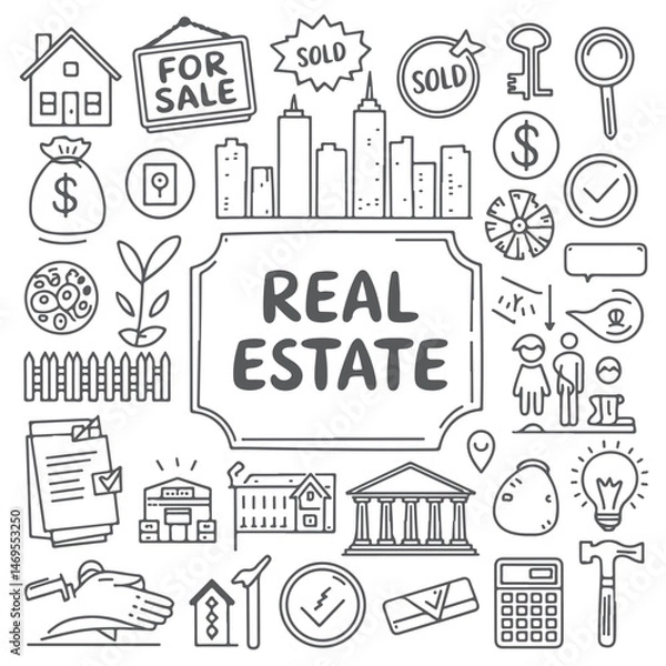 Obraz Set of real estate doodle on white background. Hand drawn abstract doodle isolated on white background.