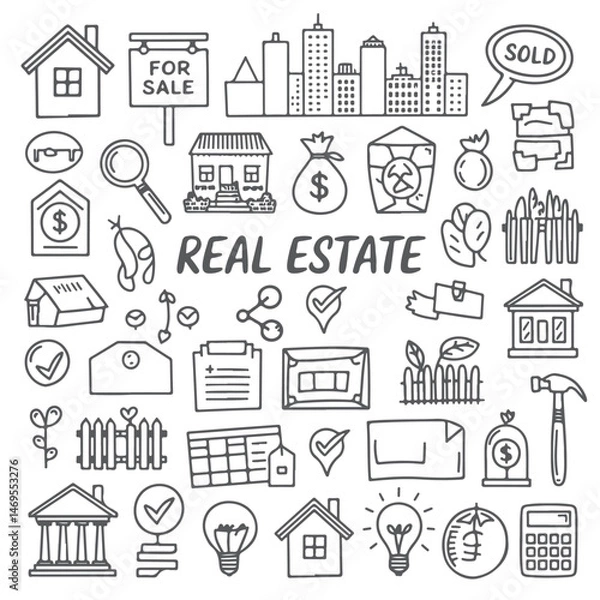 Obraz Set of real estate doodle on white background. Hand drawn abstract doodle isolated on white background.