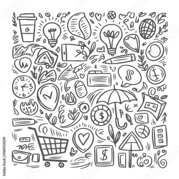 Obraz Set of advertising doodle on white background. Hand drawn abstract doodle isolated on white background.