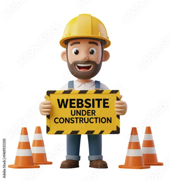 Fototapeta 3D Construction Worker, Isolated Transparent Background, Website Under Construction Sign