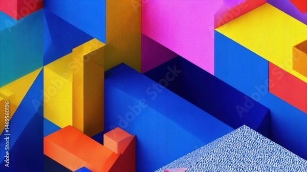 Fototapeta Vibrant geometric color block composition with bold red, orange, yellow, green, blue, purple, pink hues in dynamic arrangement. Modern abstract design with layered cubes and dimension