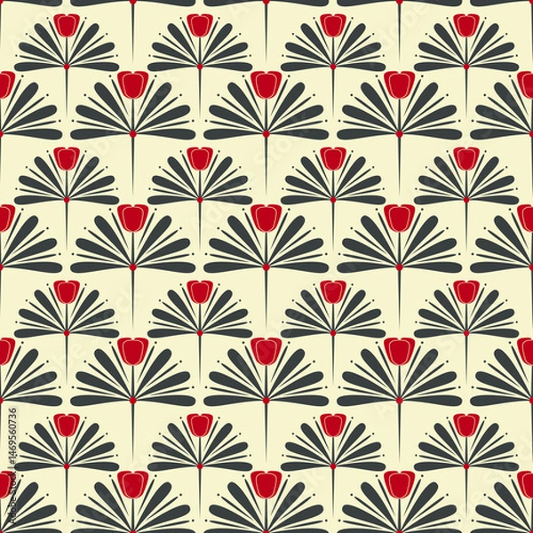Fototapeta Abstract flower seamless pattern on a beige background. Art Deco tulip endless print.