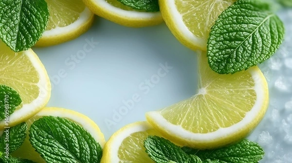 Fototapeta Zesty Lemon  Mint Frame Refreshing Summer Mocktail Design.