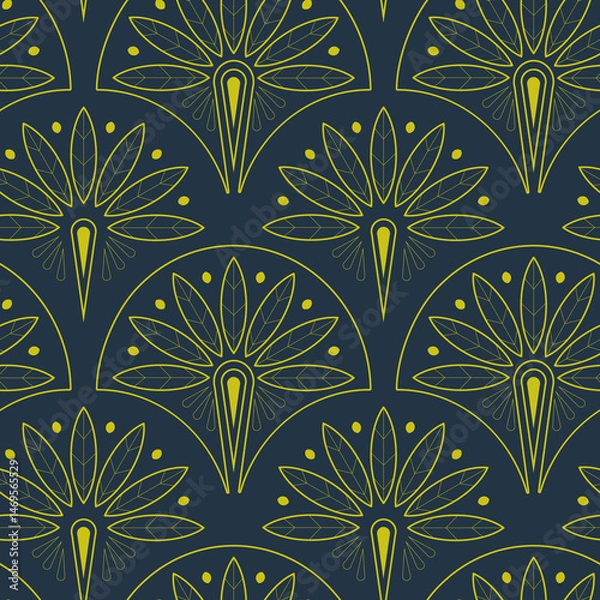 Fototapeta Art Deco seamless pattern on a dark blue background. Gold floral symmetrical endless print for wallpaper, fabric, and wrapping paper—geometric illustration.